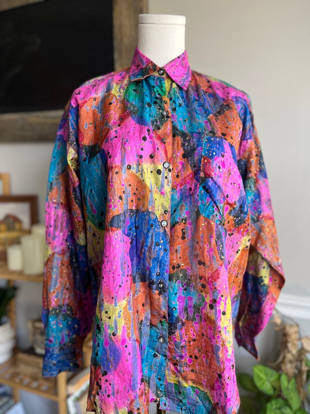 Vintage 80s NWT Colorful Silk Blouse Paint Spatter Artist Size Medium
